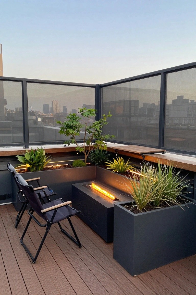 Rooftop deck with two chairs, glowing fire pit, planters, and city skyline view at dusk