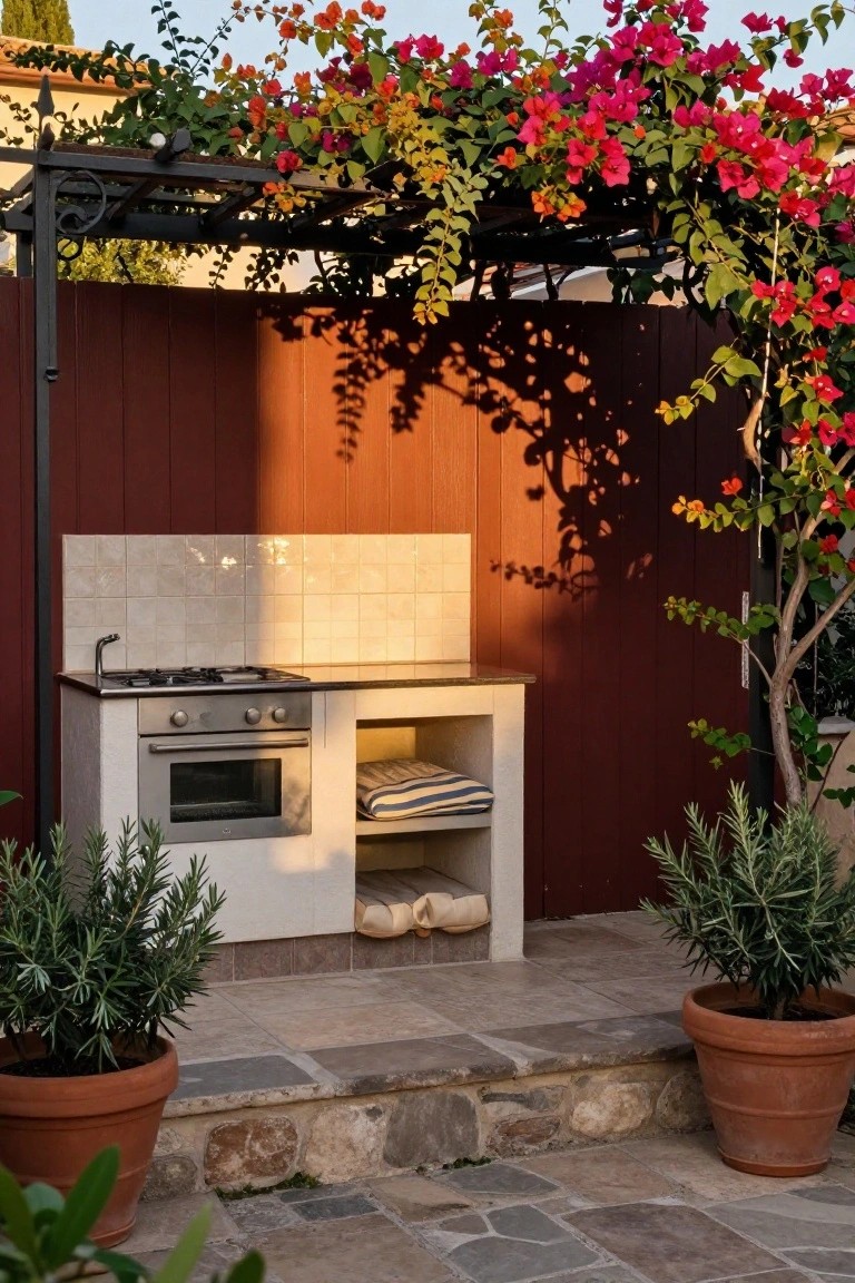 An outdoor kitchen with a stainless steel oven and stovetop built against a vertical stained wood fence, with potted plants on either side and a vine-covered pergola above.