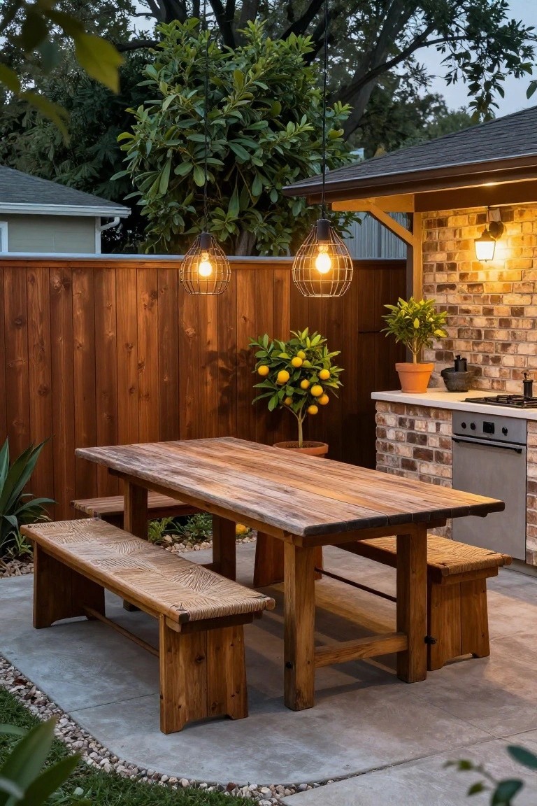 A wooden picnic table with benches sits on a concrete patio in front of a tall stained wood fence next to a brick outdoor kitchen.
