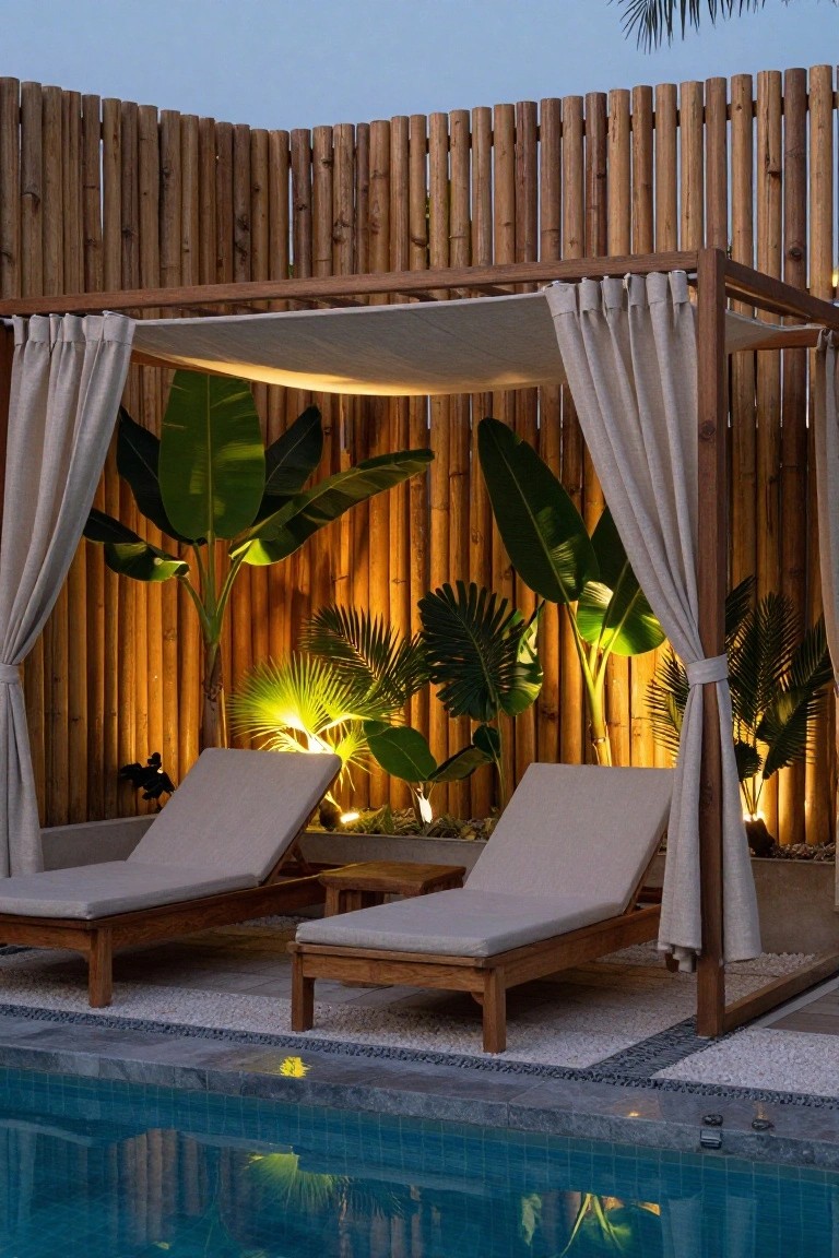 Two lounge chairs under a canopy by a pool with bamboo walls and plants.