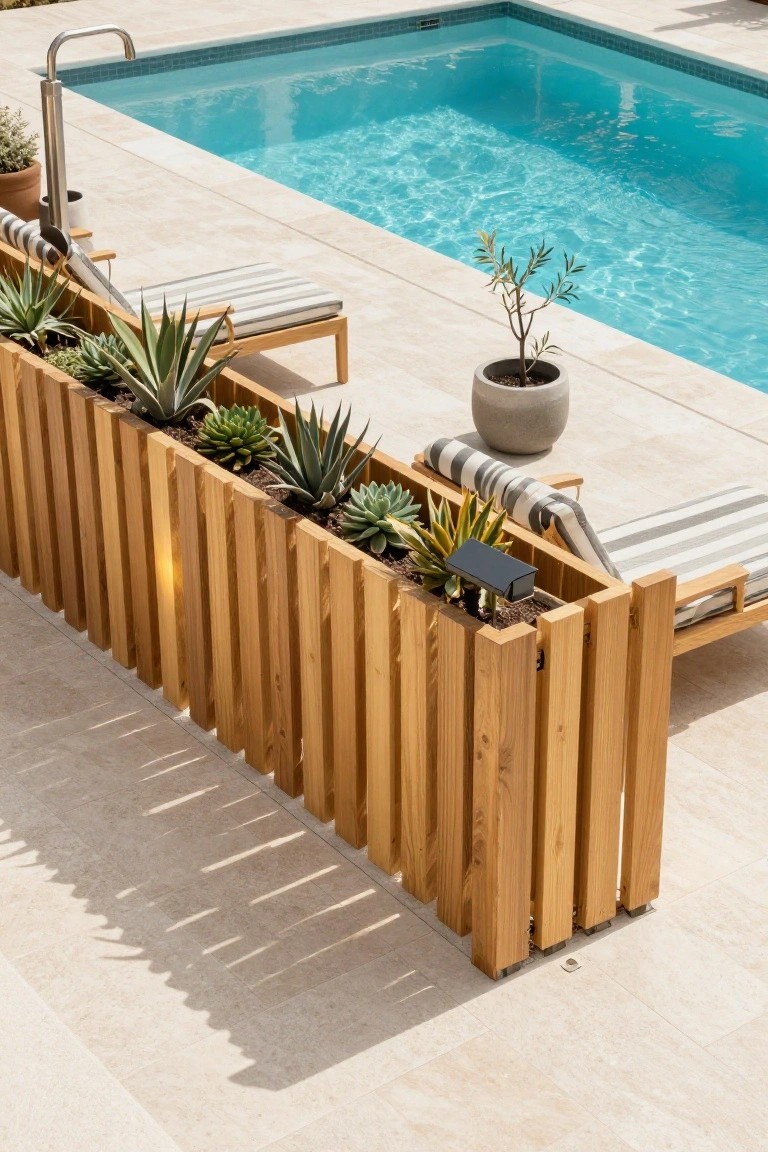 A stained wood fence with vertical planks forms a raised planter filled with succulents beside a swimming pool and lounge chairs.