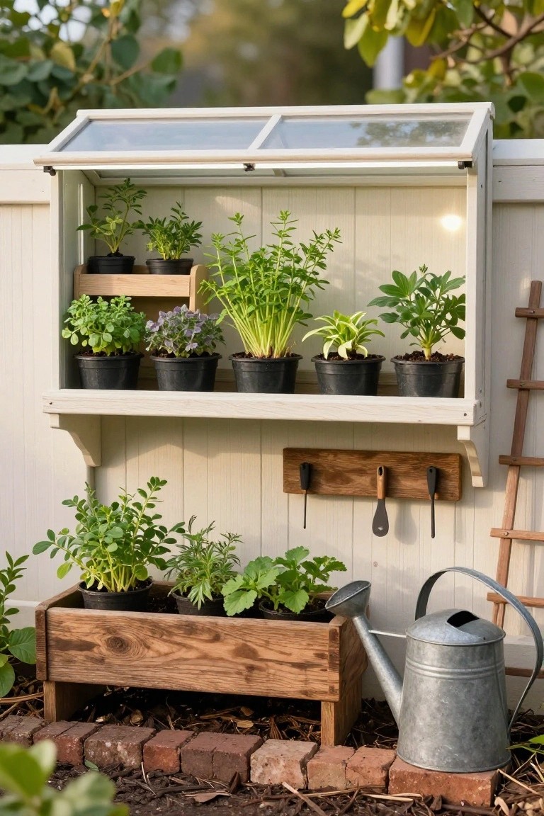 Open white cabinet with potted plants, wooden planter box, watering can, and tools.