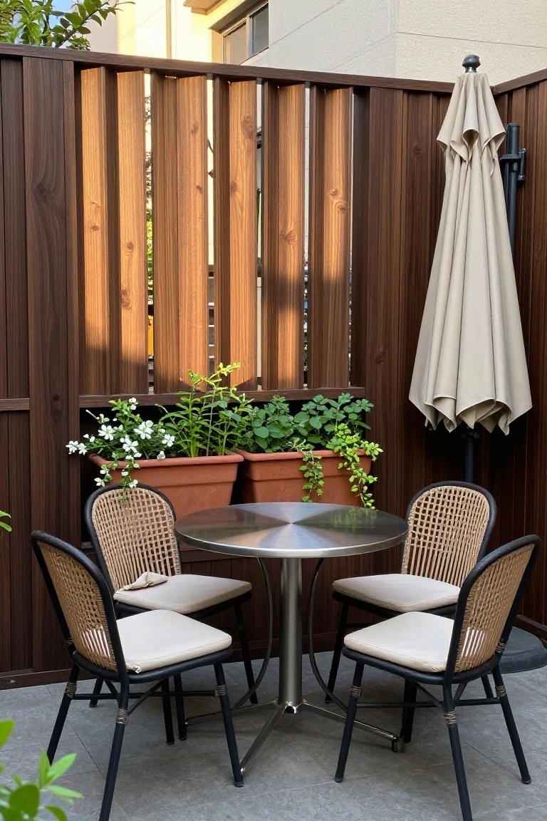 A round patio table with four woven chairs sits in front of a vertical stained wood fence with potted plants at the base.