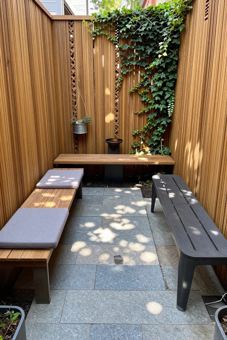 A narrow stone patio enclosed by vertical stained wood fences with benches on both sides and some hanging plants.