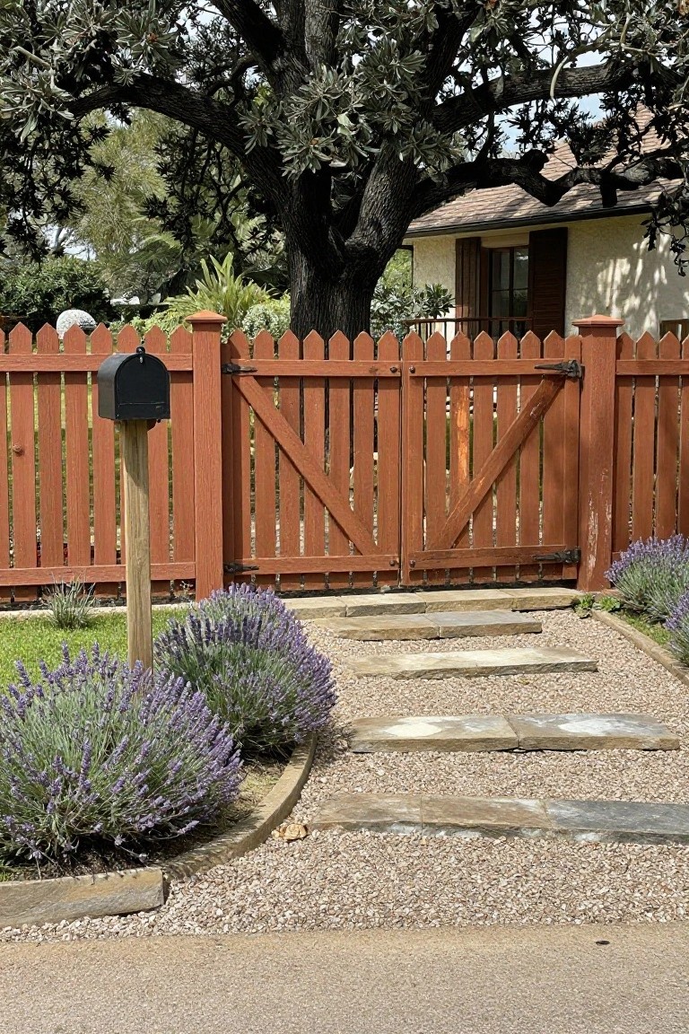 A reddish-brown stained wood picket fence with double gates, a black mailbox on a wooden post to the left, stone stepping stones set in gravel leading toward the gate, and lavender bushes planted along the path edge.