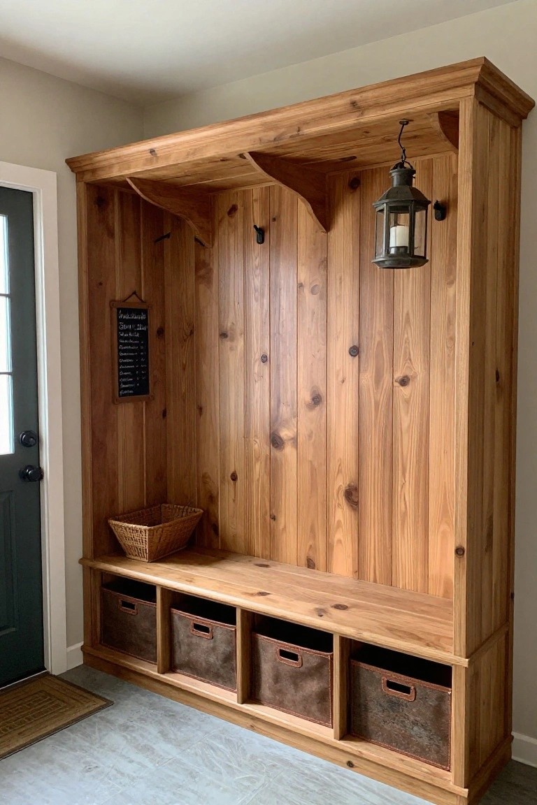 A built-in wooden bench with storage bins below vertical wood plank walls in an entryway, featuring hooks and a hanging lantern.