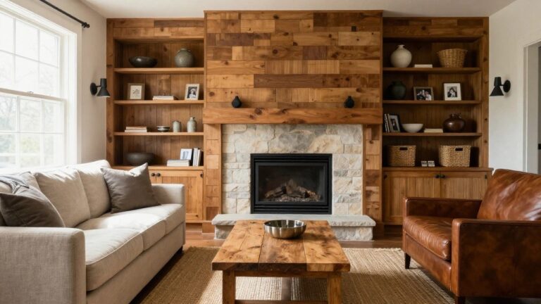 17 Inviting Farmhouse Wood Accent Wall Ideas Using Planks, Shiplap, and Trim Cozy living room with tall wooden fireplace, beige sofa, leather chairs, and coffee table
