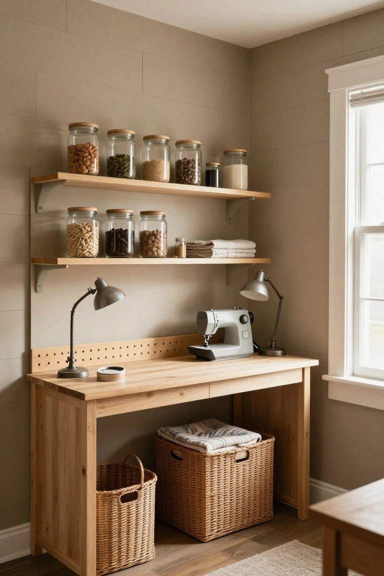A light wood desk with two upper shelves holding glass jars of dry goods sits against a horizontally paneled wall next to a window.