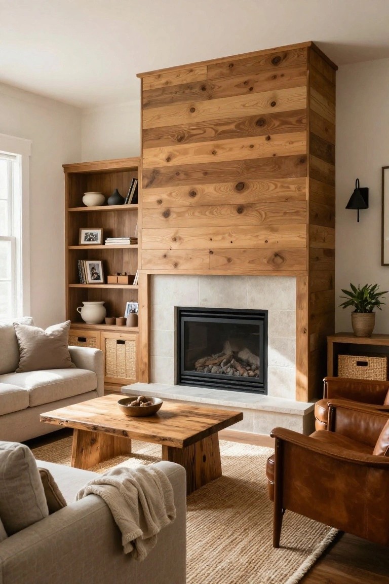 Cozy living room with tall wooden fireplace, beige sofa, leather chairs, and coffee table