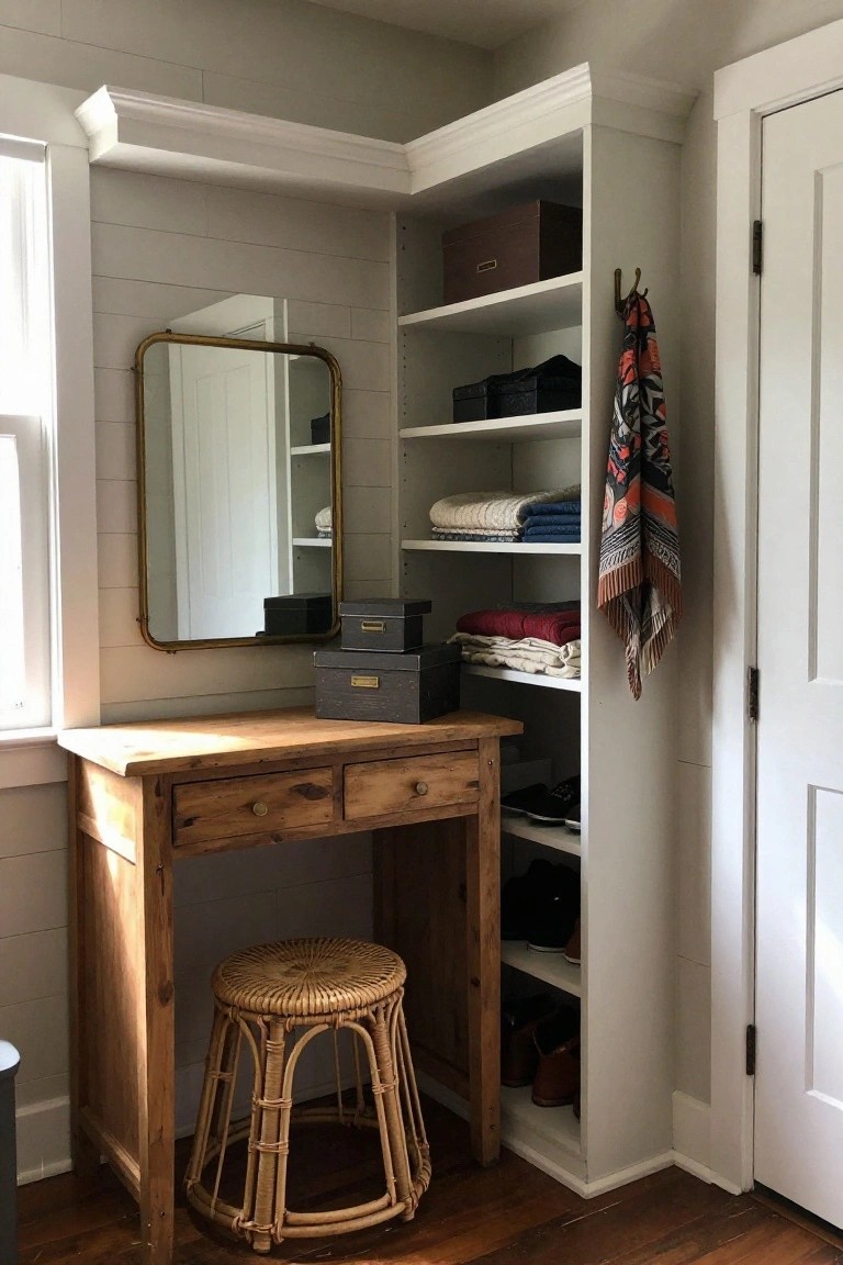 Wooden vanity table with wicker stool beside white shelves holding linens, boxes, and shoes
