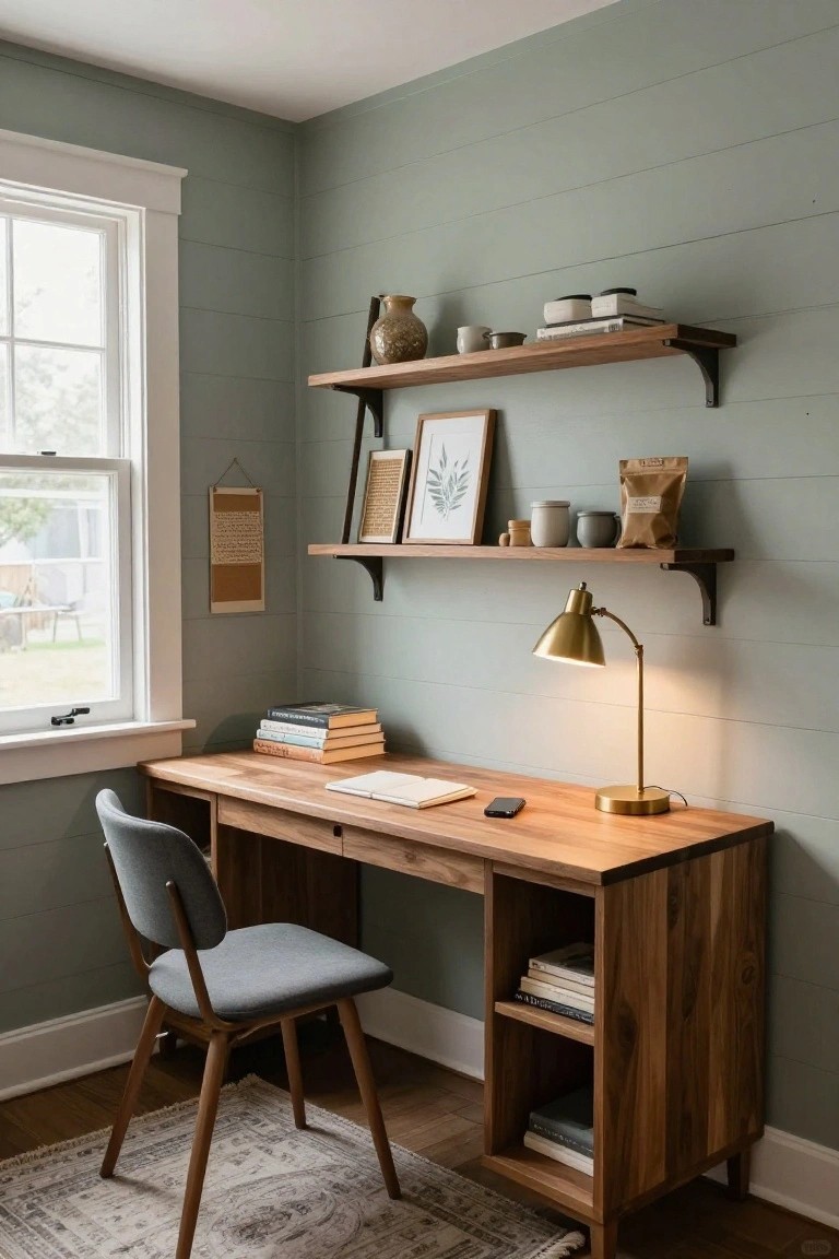 A home office corner with a wooden desk, upholstered chair, and green shiplap accent wall holding two floating shelves.