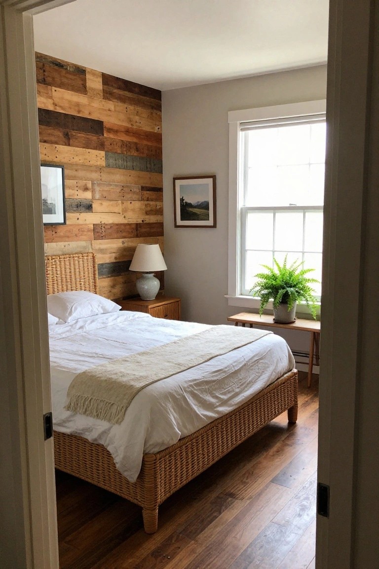 A bedroom with a headboard wall covered in horizontal reclaimed wood planks of varying widths and tones, a wicker bed with white linens, and a window on the right wall.