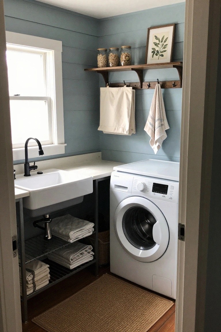 A laundry room with light blue shiplap walls, a white farmhouse sink, a front-loading washing machine, and a wooden shelf holding glass jars above hanging towels.