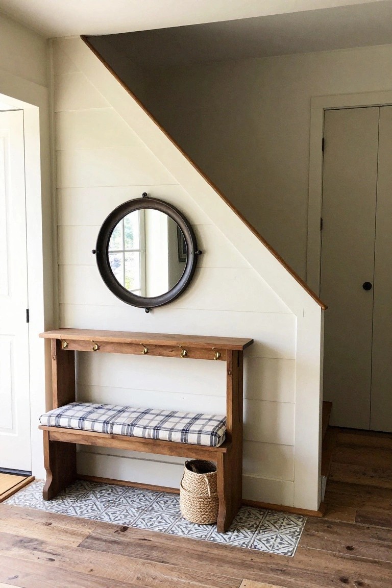 A white shiplap wall runs beneath a wooden staircase, with a round mirror mounted on it and a wooden bench with plaid cushion placed below.