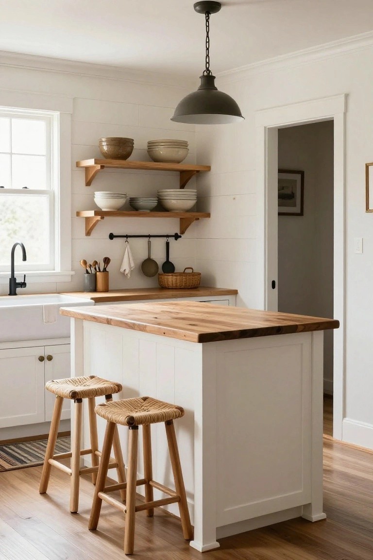 White kitchen island with wood countertop, woven stools, open shelves, and pendant light
