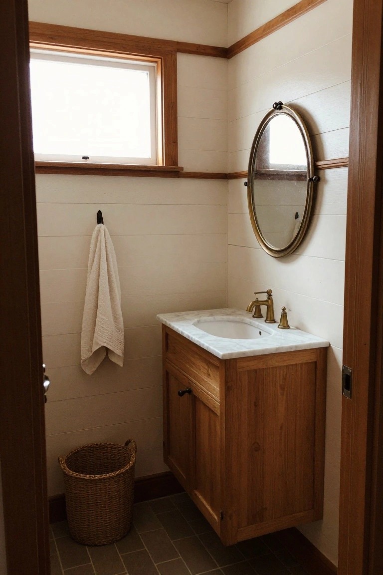 A small bathroom interior with white shiplap walls, wooden window trim, a floating wood vanity with marble top, and a round mirror above the sink.