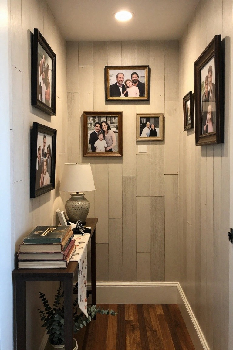 Narrow hallway with framed family photos above console table holding books and lamp