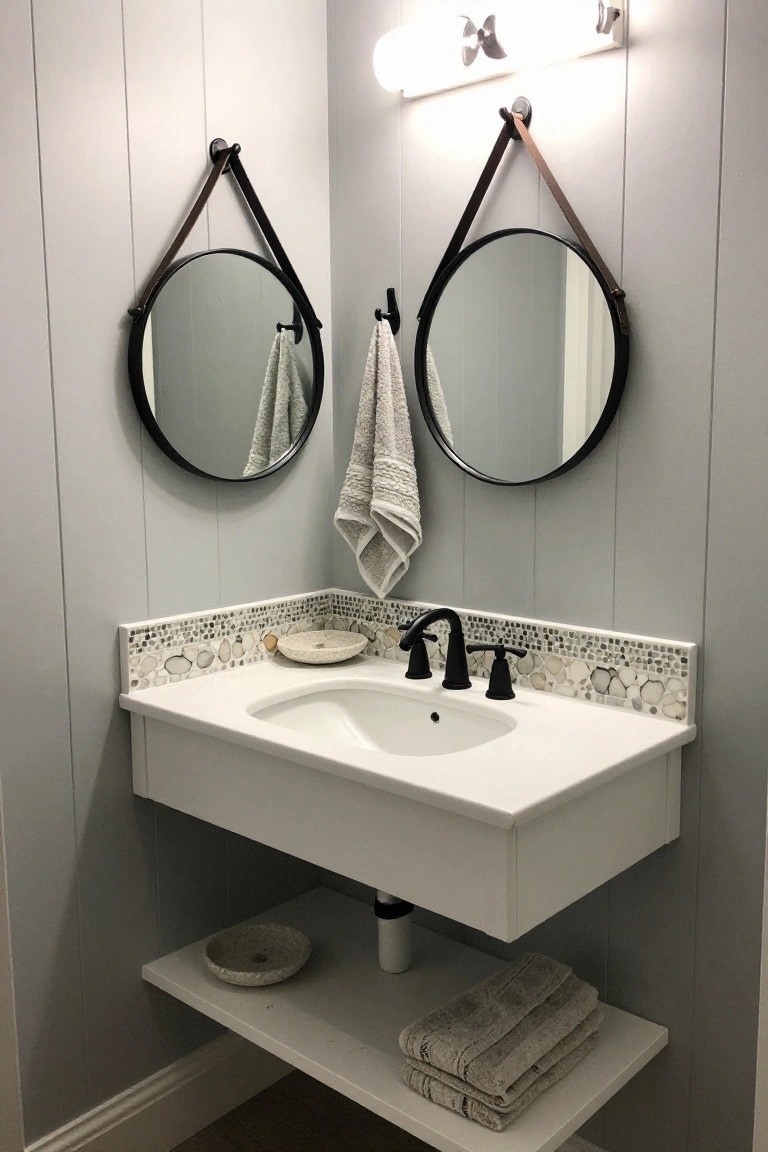 A bathroom vanity area with a white floating sink, black faucet, pebble tile backsplash, and two round mirrors mounted on light gray vertical shiplap walls.