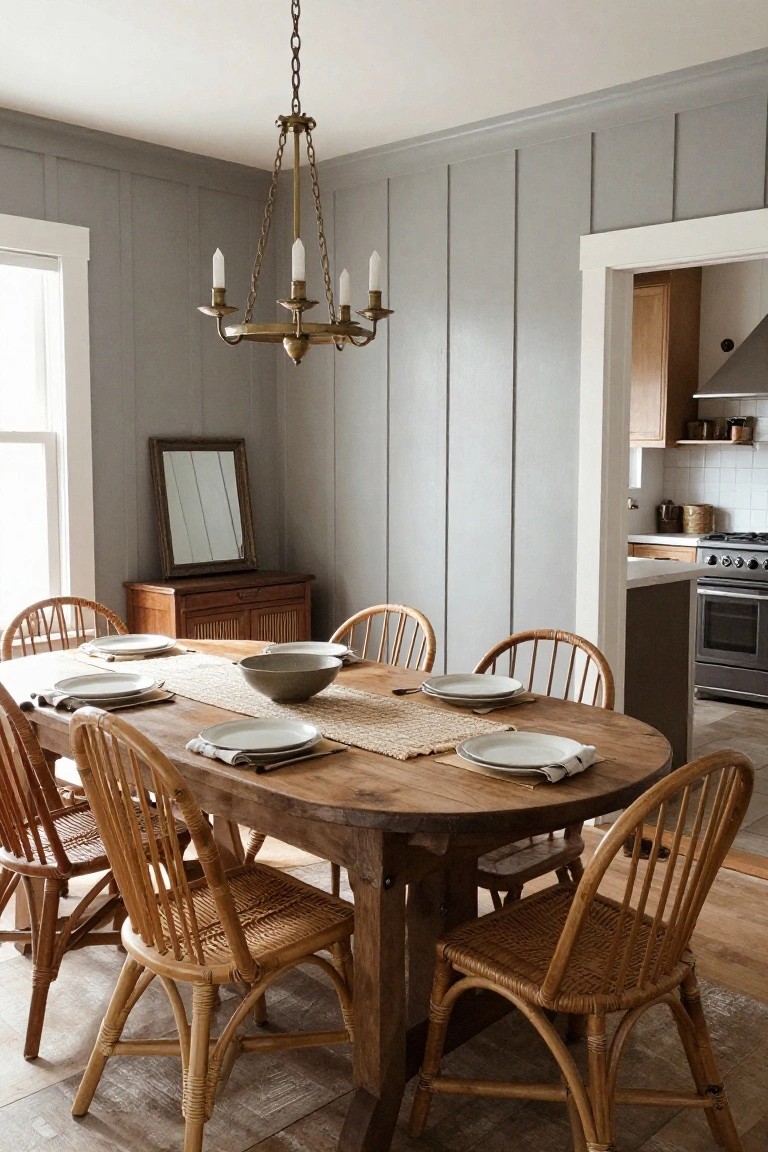 A dining room with gray vertical shiplap walls, a round wooden table, and woven chairs arranged beneath a brass chandelier.