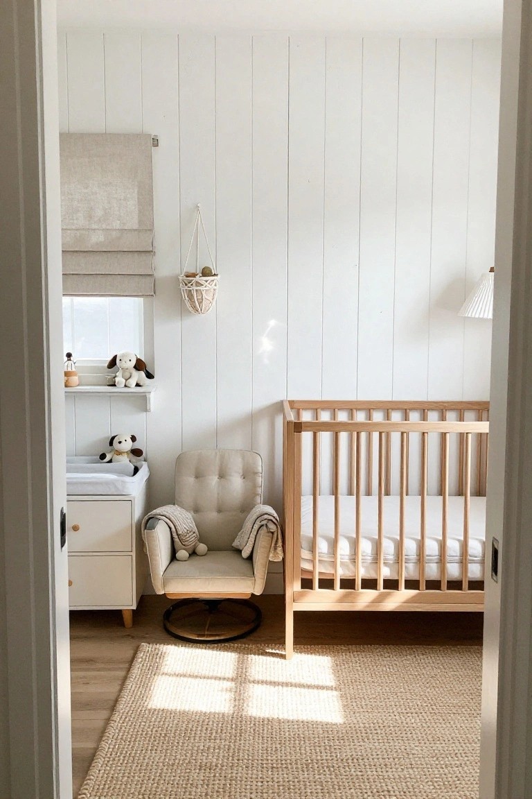 A bright nursery with white vertical shiplap walls, a light wood crib, a beige swivel chair, and a changing table beside a window.