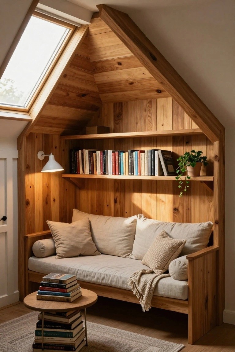 A wooden built-in bench with cushions and pillows under a sloped plank ceiling, with a shelf of books above and a small table holding stacked books in front.