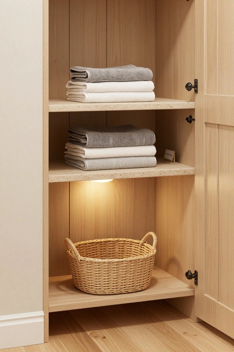 Open wooden cabinet with stacked white and gray towels above a wicker basket