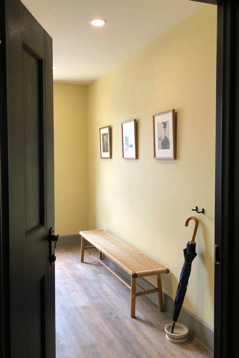 An open dark wooden door leads into a hallway with pale yellow walls, a woven bench, three framed pictures, and an umbrella stand.