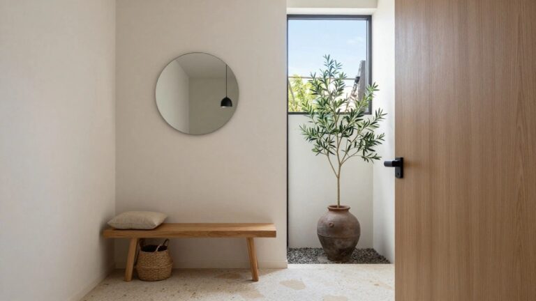 13 Minimalist Wooden Door Designs in Clean Lines and Natural Finishes A tall wooden door with vertical grain, a black handle, and a narrow transom window above it in a light interior space.