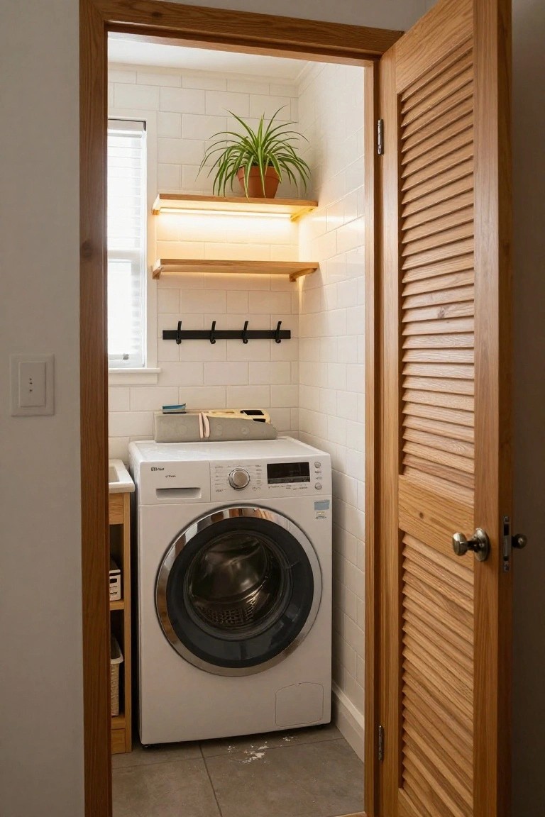 A wooden louvered door stands open to show a compact laundry room with white tile walls, floating wood shelves, and a front-loading washing machine.