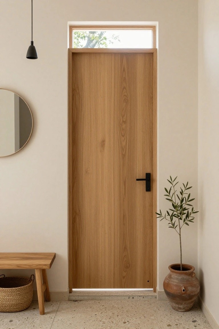 A tall wooden door with vertical grain, a black handle, and a narrow transom window above it in a light interior space.