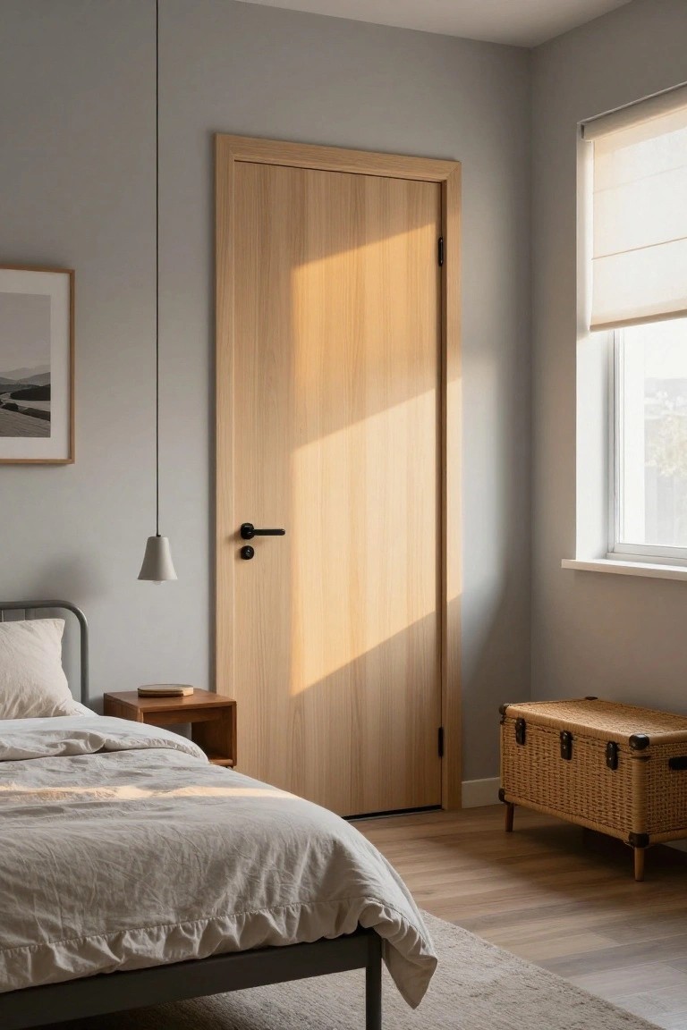 A light oak flush door with a black handle in a minimalist bedroom with a bed on the left and a window on the right.