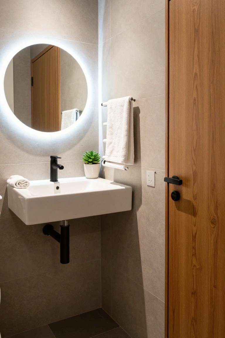 Modern bathroom with white sink, round backlit mirror, black faucet, and wooden door