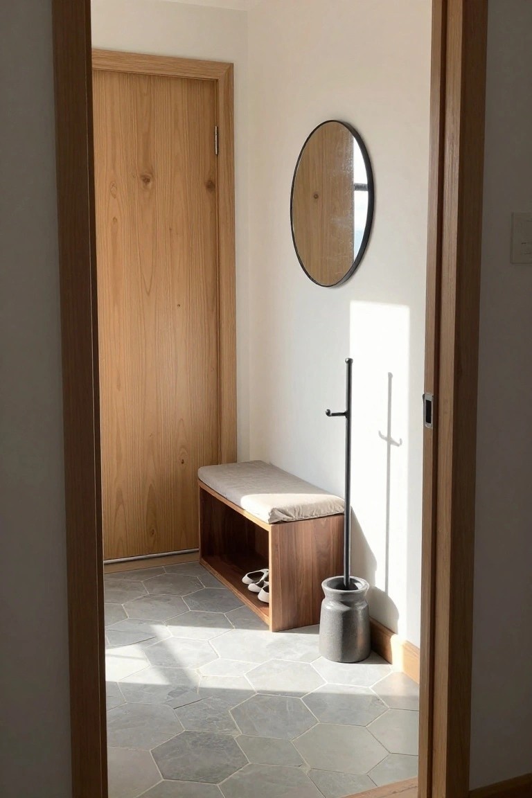 A light wood door with visible grain stands in a minimalist interior beside a low wooden bench and gray hexagonal tile floor.