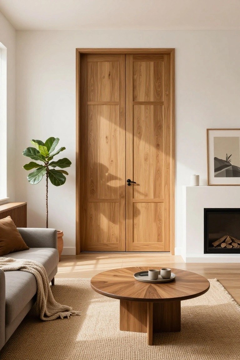 A bright living room with tall wooden double doors centered on the back wall, a round wooden coffee table on a woven rug, and part of a gray sofa visible on the left.
