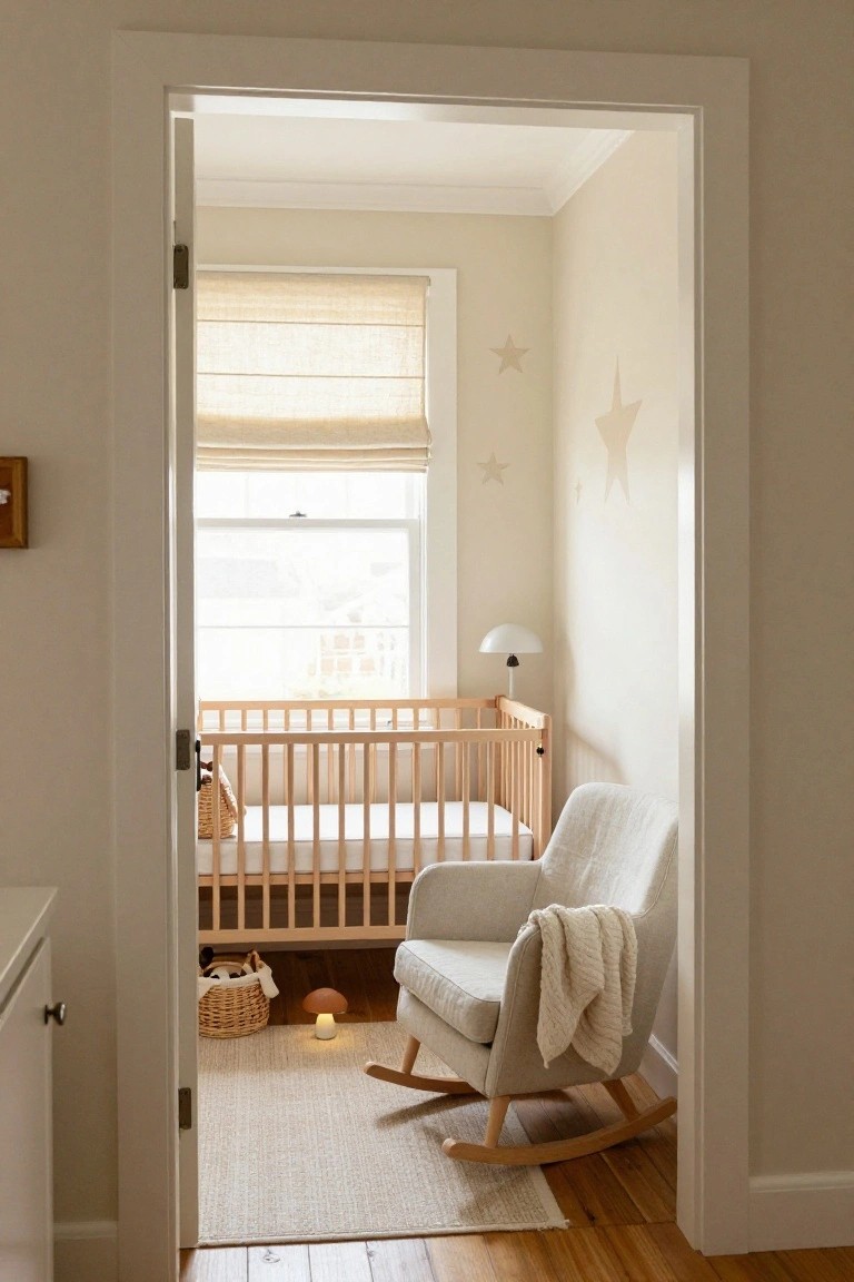 Nursery with wooden crib, beige rocking chair, star decals, and woven baskets.