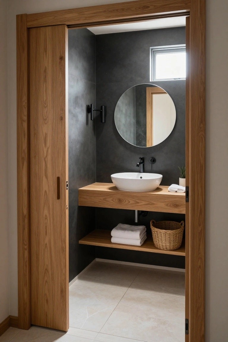 A modern bathroom viewed through an open sliding wooden door, showing a white vessel sink on a floating wood vanity, round mirror, and dark gray walls.