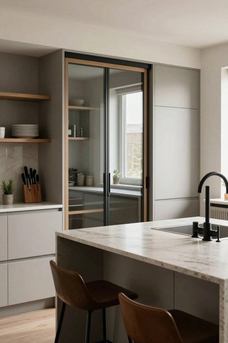 A modern kitchen interior featuring light gray cabinets, open wooden shelves, and a large sliding glass door with a natural wood frame that reveals additional shelving and a window in the background, with two brown leather bar stools at a marble island.