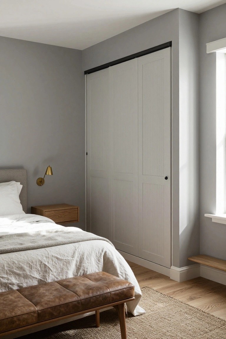 A bedroom with gray walls and large white sliding closet doors featuring vertical paneling on a black overhead track, positioned beside a bed with white linens and a brown leather bench in the foreground.