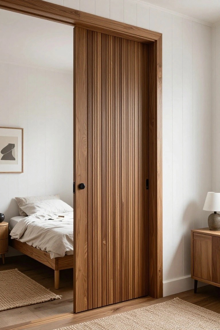 A partially open wooden sliding door with vertical slats revealing a minimalist bedroom with a wooden bed frame and white bedding.