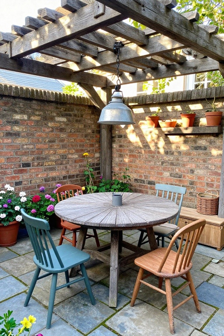A wooden pergola shades a round table and mixed chairs on a paved patio against brick walls.