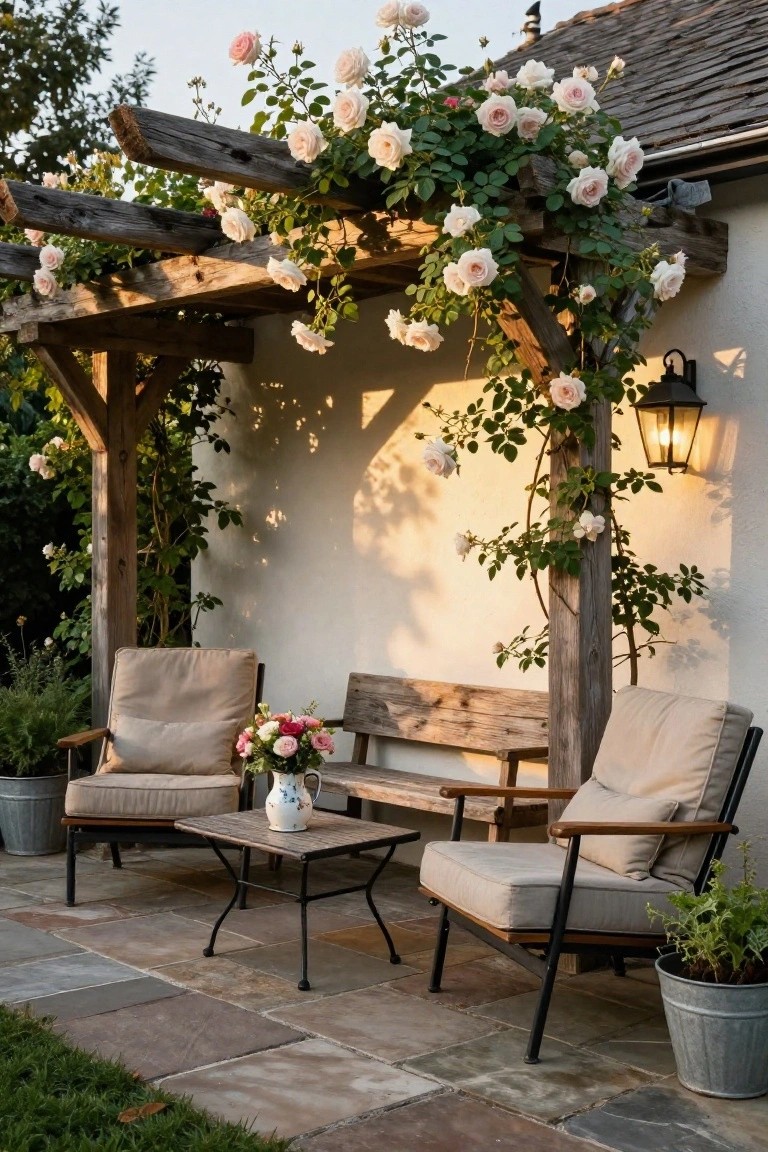 A wooden pergola covered in pale pink and white roses shades a stone patio with cushioned armchairs, a wooden bench, and a small table holding a vase of flowers.