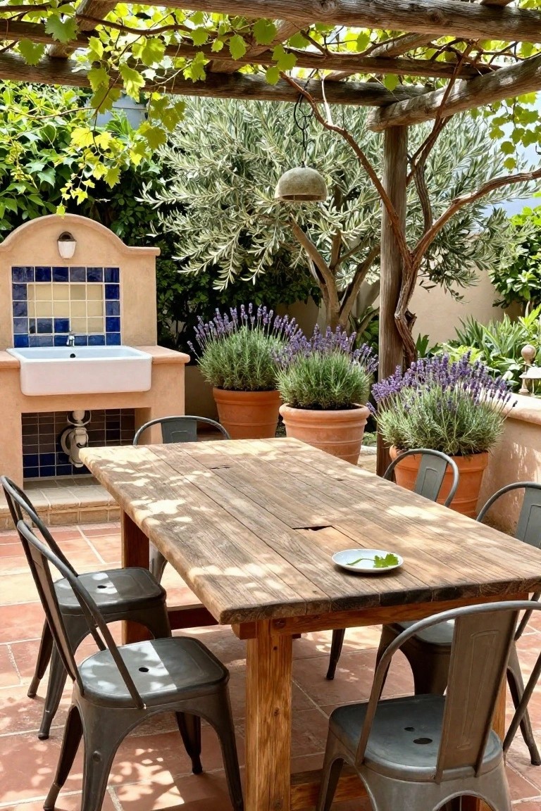 Rustic wooden table with metal chairs on terracotta patio amid potted lavender and tiled sink