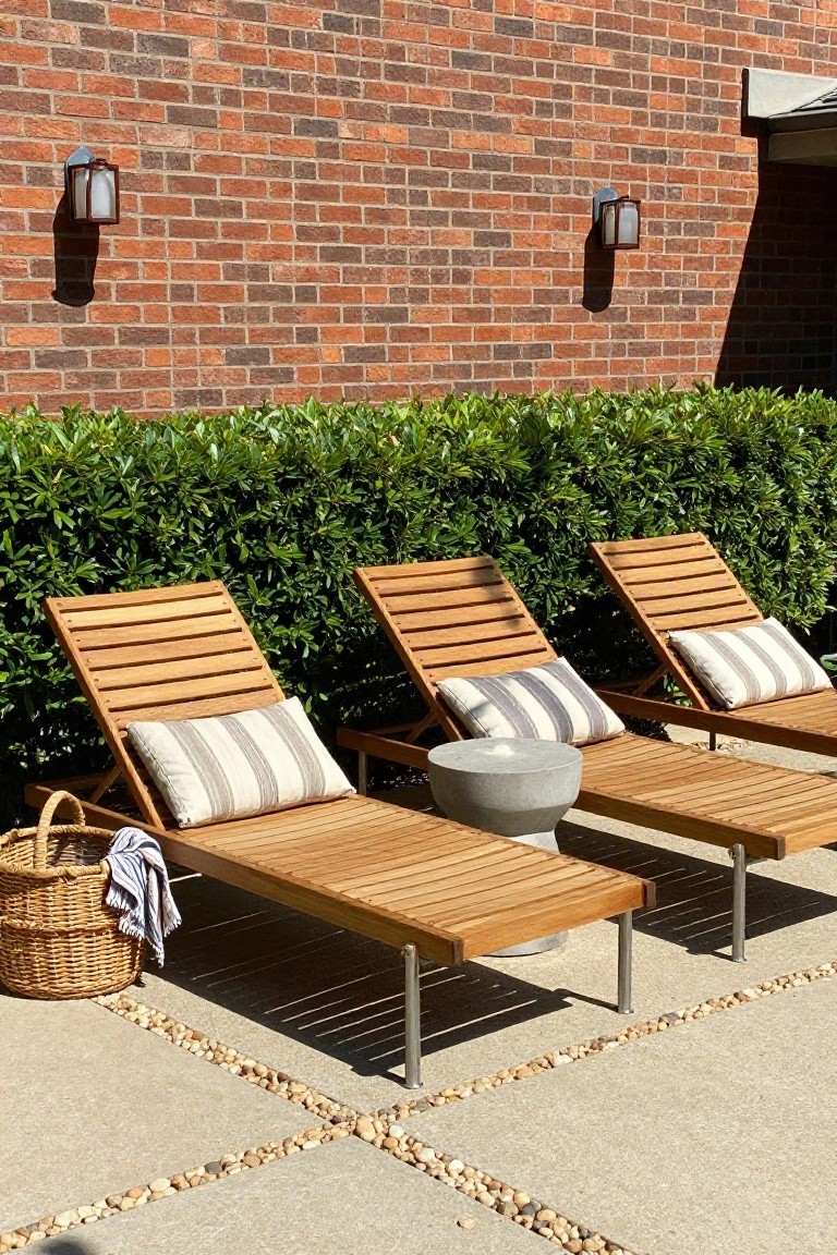 Three wooden lounge chairs with striped cushions sit in a row on a paved patio beside a tall green hedge and brick wall.