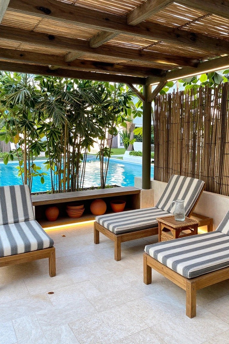 A wooden pergola covers striped lounge chairs on a tiled patio next to a pool, with tropical plants and a bamboo screen in the background.