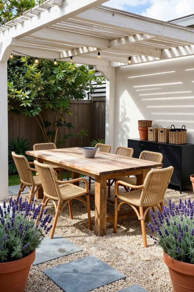 A wooden dining table with woven chairs sits under a white slatted pergola on a gravel patio bordered by potted lavender plants.