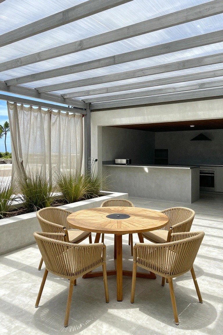 An outdoor patio under a slatted wooden roof features a round wooden dining table with four woven chairs and an outdoor kitchen in the background.