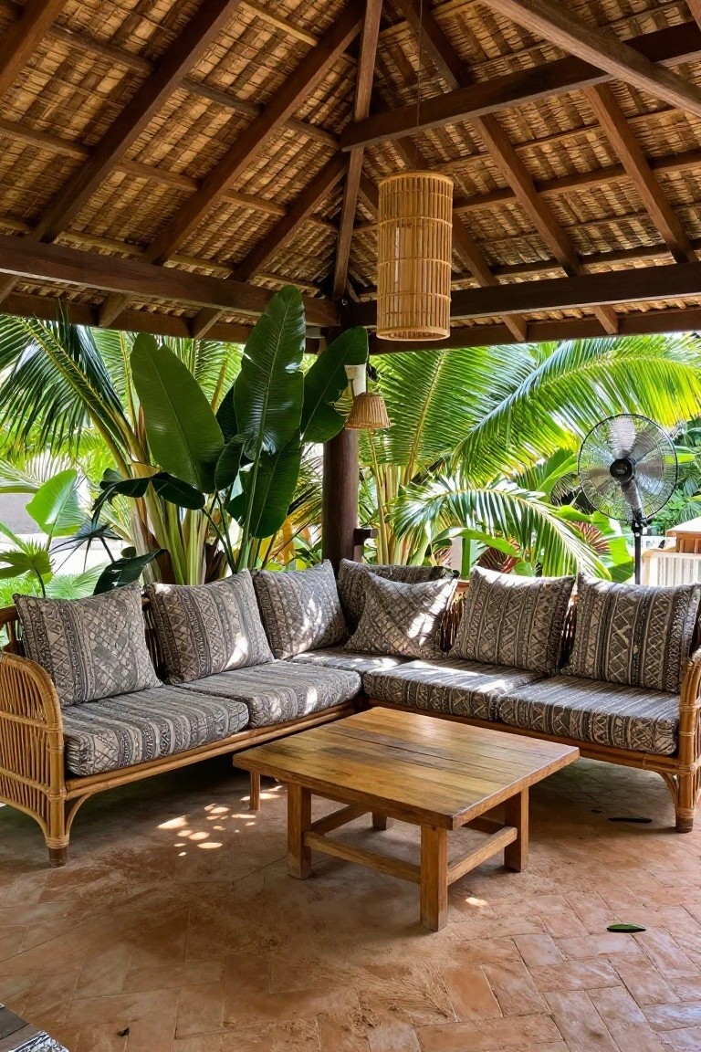 An outdoor covered patio with a thatched wooden roof, bamboo seating with patterned cushions, a wooden coffee table, and tropical plants visible beyond the structure.