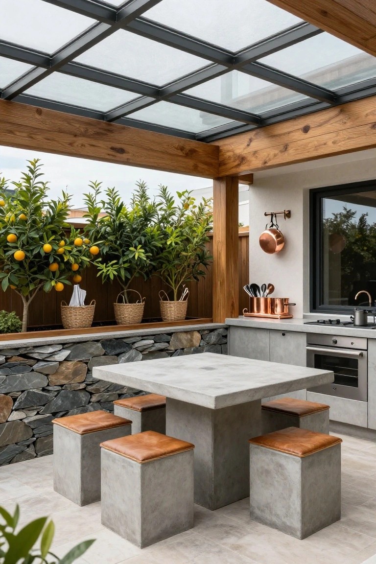 An outdoor covered patio with wooden beams and glass roof panels over a concrete dining table with four stools and an adjacent kitchen area with stone wall and citrus trees.