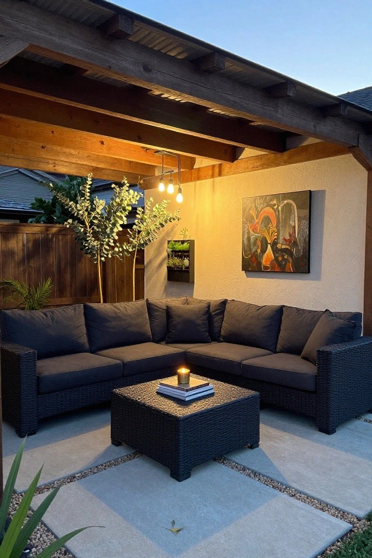 Dark sectional sofa and coffee table on patio under wooden pergola with lights