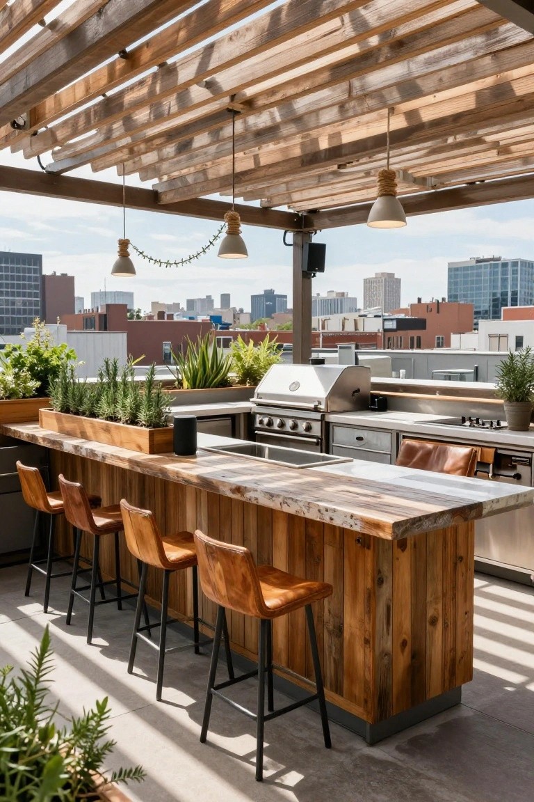 Rooftop wooden bar with leather stools, grill, hanging lights, and city skyline view